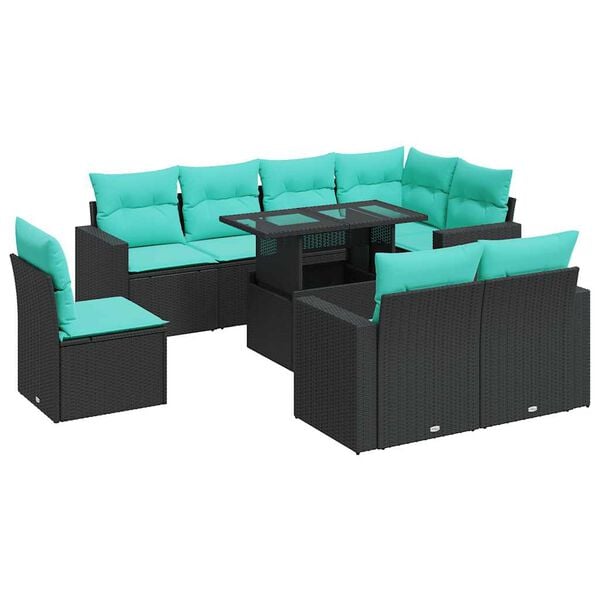 vidaXL Set Divani da Giardino 9 pz con Cuscini Nero Polyrattan Acacia