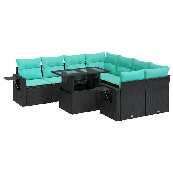 vidaXL Set Divani Giardino 9 pz con Cuscini Nero Polyrattan Acacia