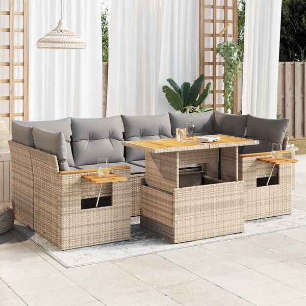 vidaXL Set Divani da Giardino 7 pz con Cuscini Beige Polyrattan Acacia