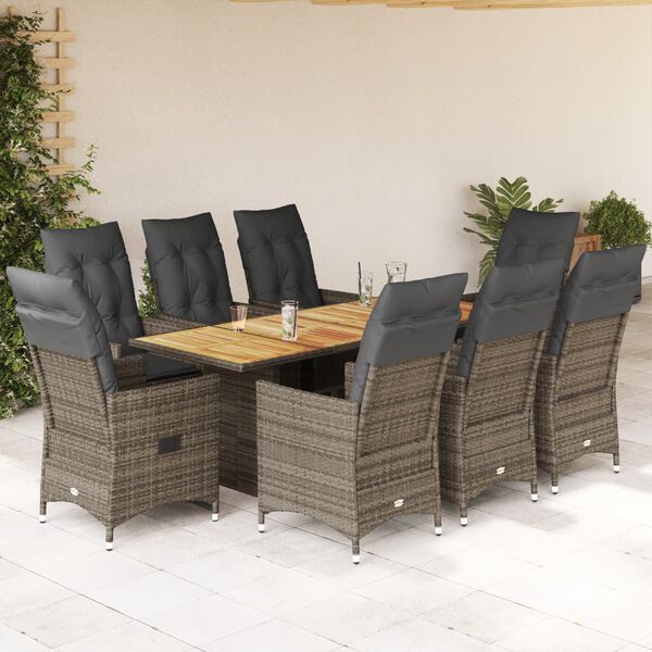 vidaXL Set da Pranzo da Giardino 9 pz con Cuscini in Polyrattan Grigio