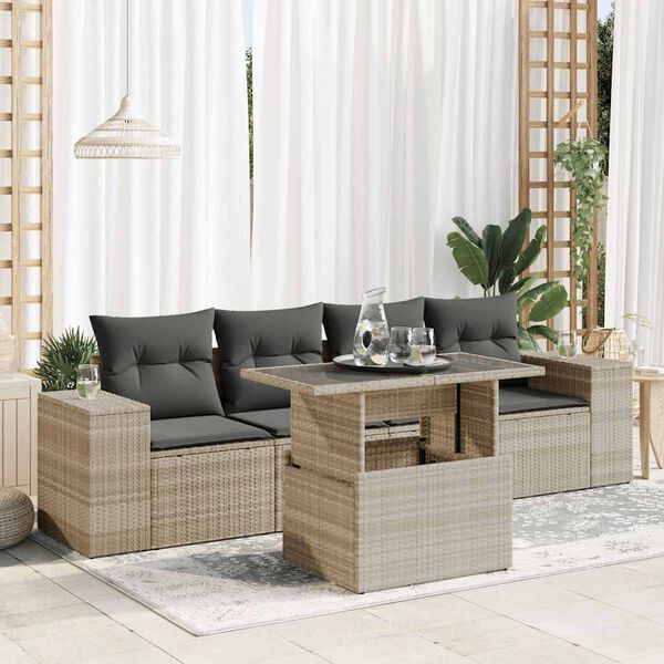 vidaXL Set Divano da Giardino 5pz con Cuscini Grigio Chiaro Polyrattan