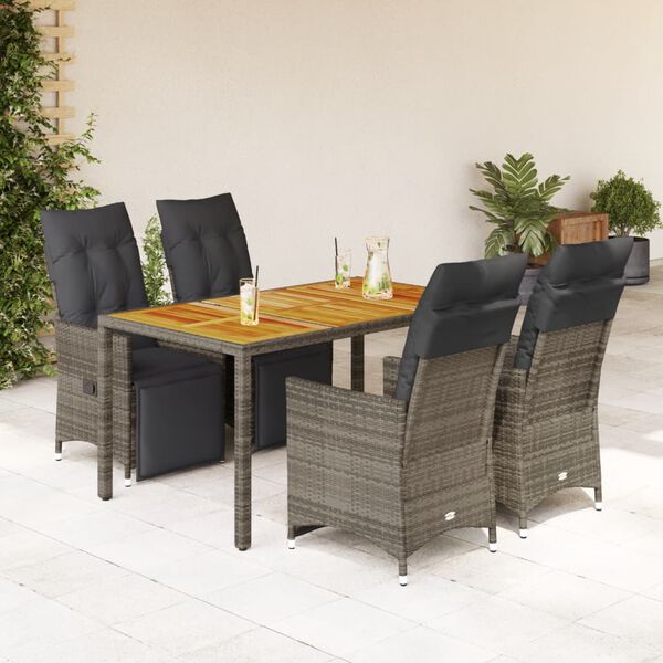 vidaXL Set Bistr&ograve; da Giardino 5 pz con Cuscini in Polyrattan Grigio
