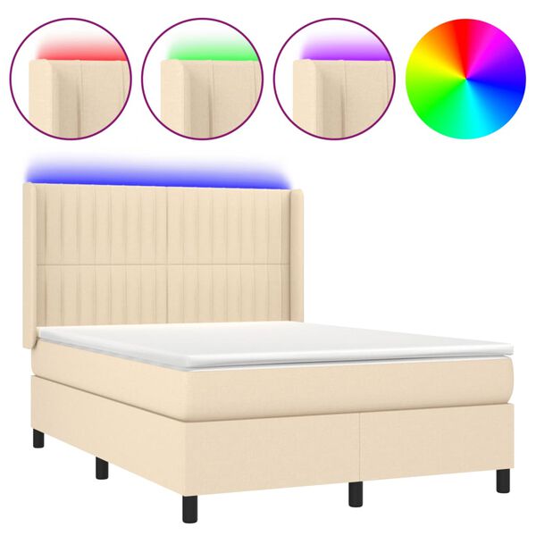 vidaXL Letto a Molle con Materasso e LED Crema 140x200 cm in Tessuto