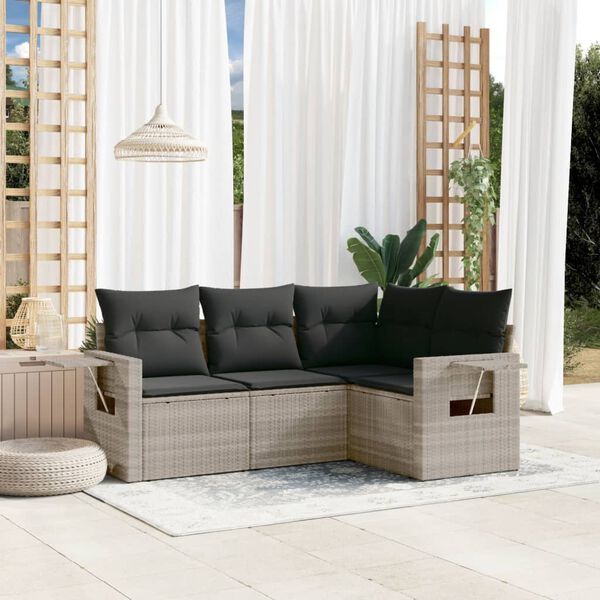 vidaXL Set Divano da Giardino 4pz con Cuscini Grigio Chiaro Polyrattan