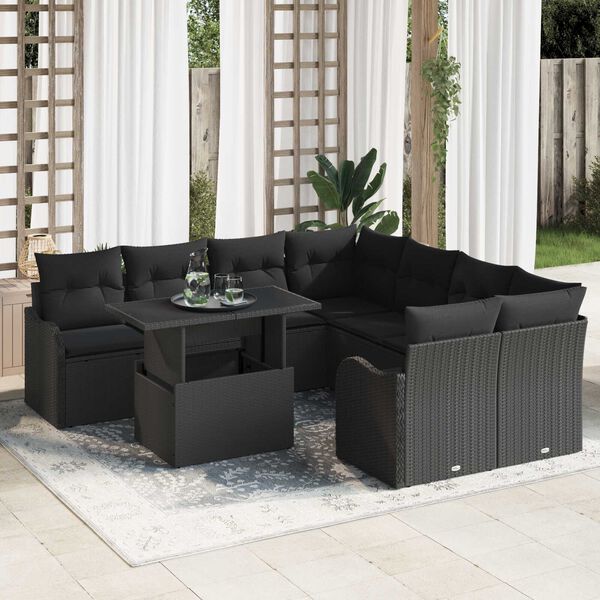 vidaXL Set Divano da Giardino 9 pcs Nero Rattan in Polipropilene