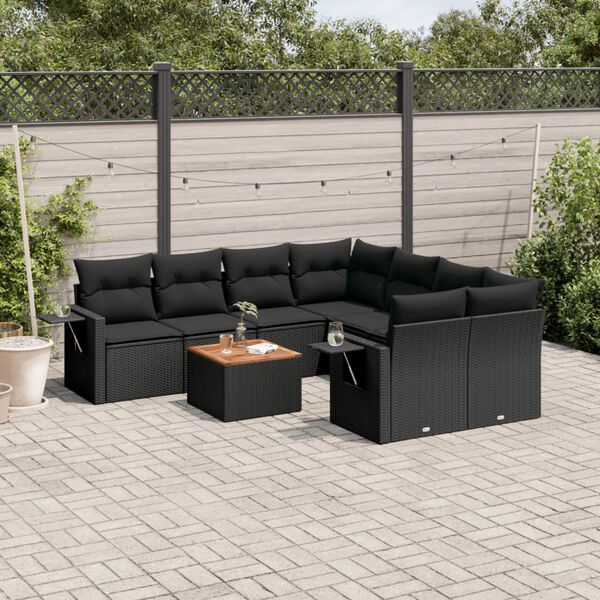 vidaXL Set Divani da Giardino 9 pz con Cuscini Nero in Polyrattan
