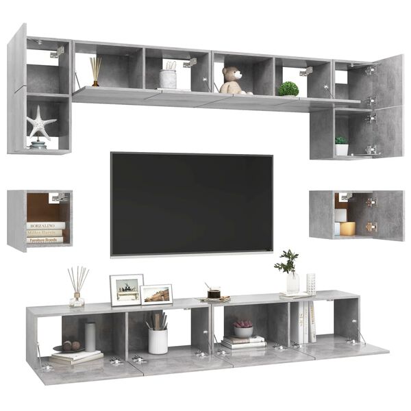 vidaXL Set di Mobili Porta TV 8 pz Grigio Cemento in Legno Multistrato
