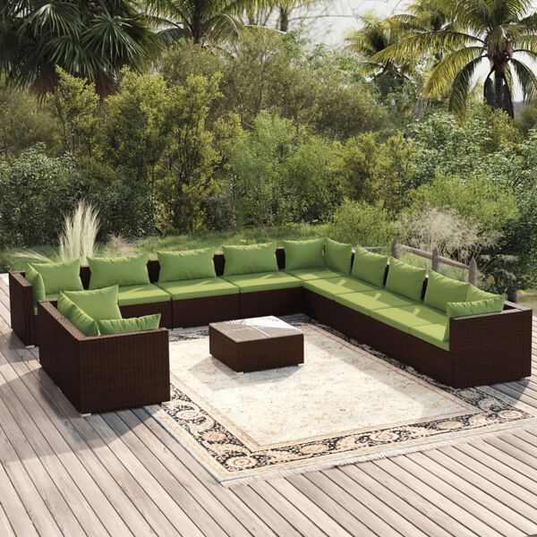 vidaXL Set Divani da Giardino 12 pz con Cuscini Marrone in Polyrattan