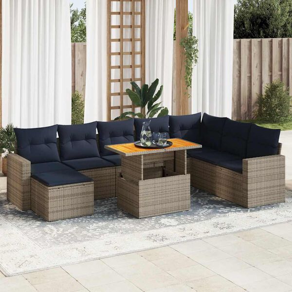 vidaXL Set Divano da Giardino 9 pz con Cuscini Grigio in Polyrattan