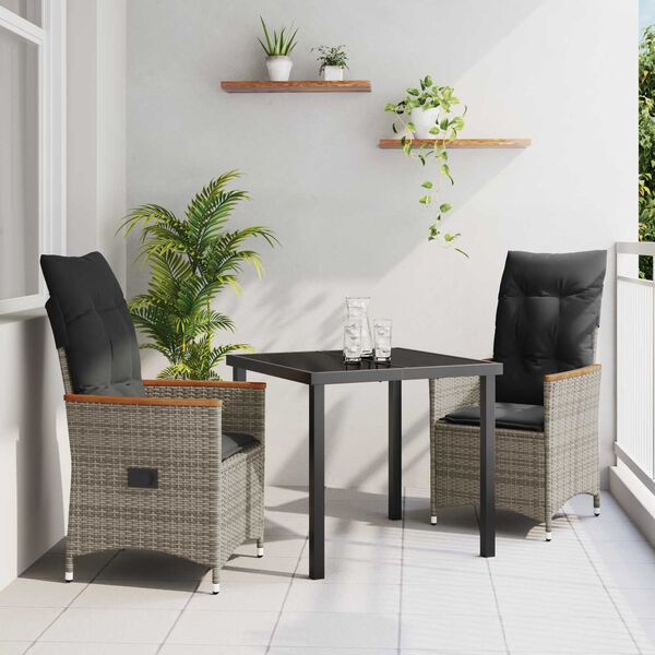 vidaXL Set da Pranzo per Giardino con cuscino 3 pcs Grigio polyrattan