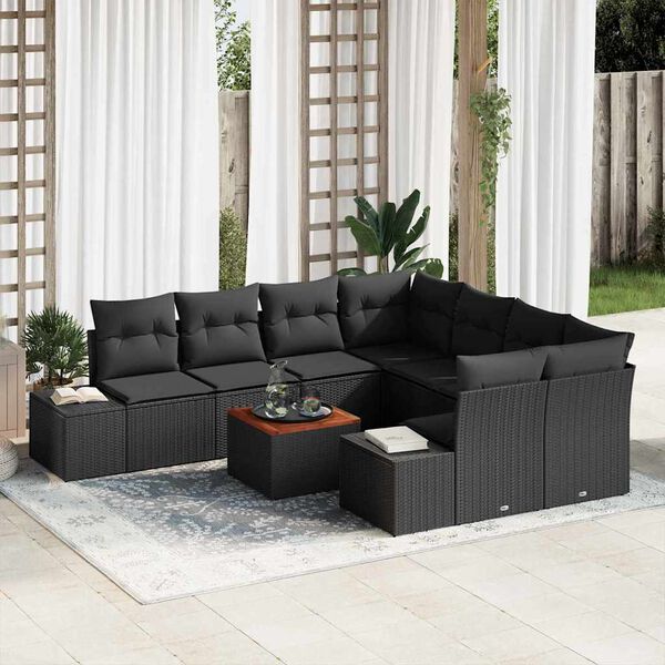 vidaXL Set Divano da Giardino con cuscino 9 pcs Nero Poly Rattan