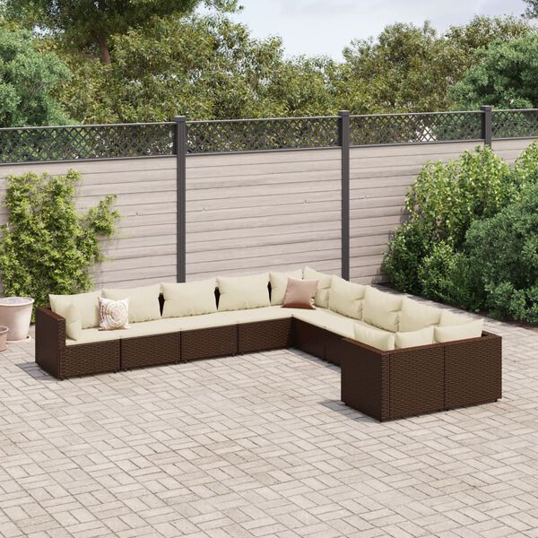 vidaXL Set Divani da Giardino 10pz con Cuscini in Polyrattan Marrone
