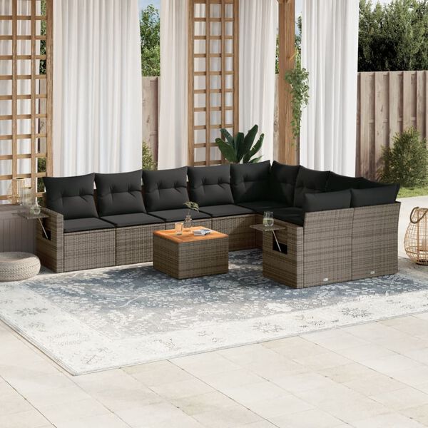 vidaXL Set Divano da Giardino 10 pz con Cuscini Grigio in Polyrattan