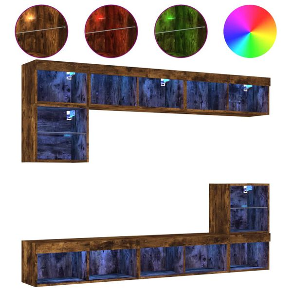 vidaXL Mobili TV a Muro con LED 8pz Rovere Fumo in Legno Multistrato