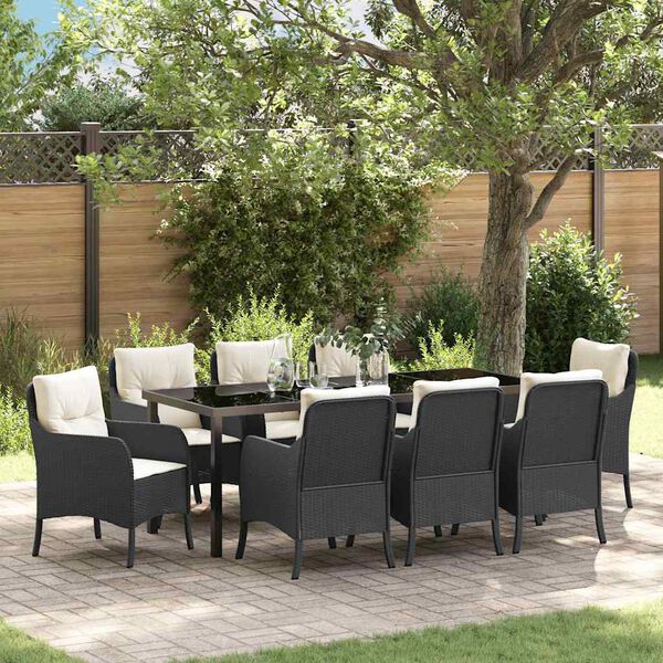 vidaXL Set da Pranzo per Giardino con cuscino 9 pcs Nero polyrattan