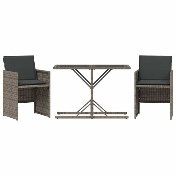 vidaXL Set da Bistr&ograve; 3 pz con Cuscini Grigio in Polyrattan