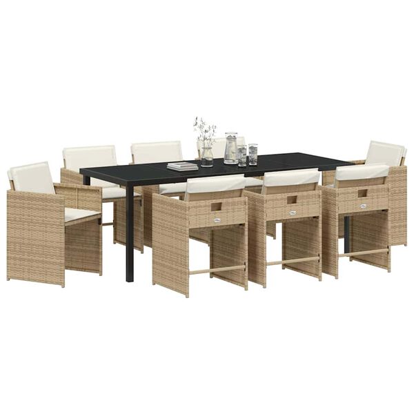 vidaXL Set da Pranzo per Giardino con cuscino 9 pcs Beige polyrattan