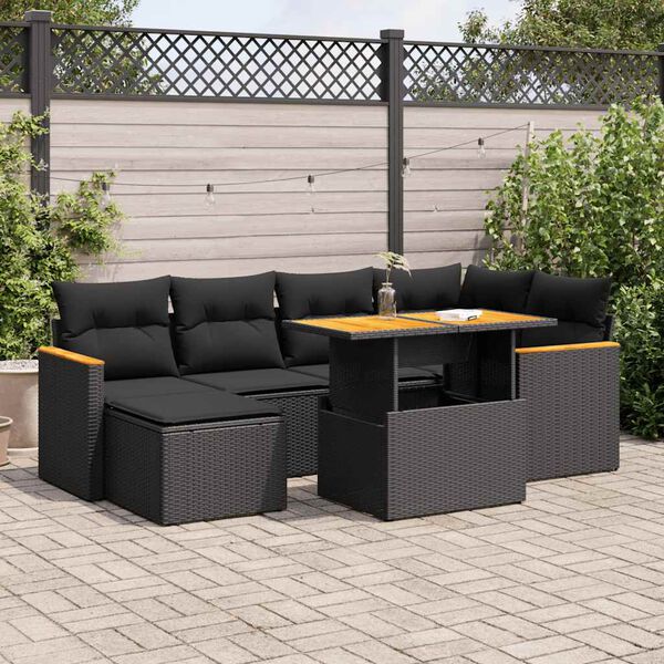 vidaXL Set Divani da Giardino con Cuscini 7pz Nero Polyrattan Acacia
