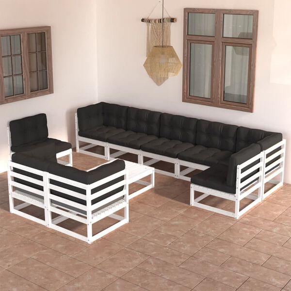 vidaXL Set Salotto Giardino 10pz Cuscini Antracite Legno Massello Pino