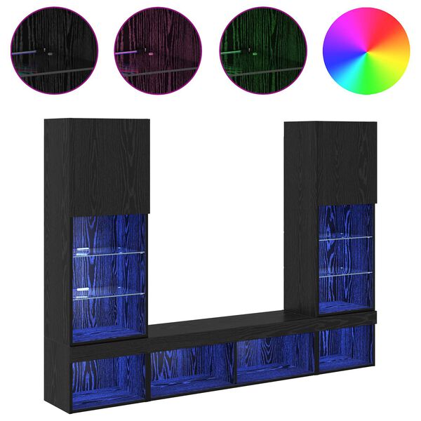 vidaXL Unit&agrave; a muro per TV con LED 5 pcs Rovere Nero Legno multistrato