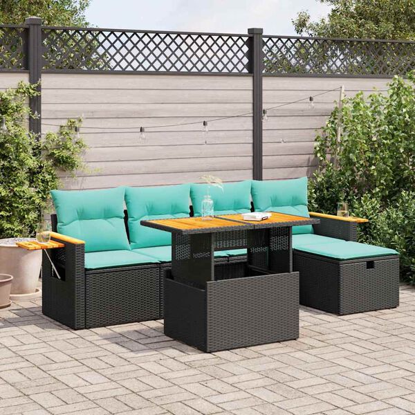 vidaXL Set Divano da Giardino 6 pz con Cuscini Nero Polyrattan Acacia