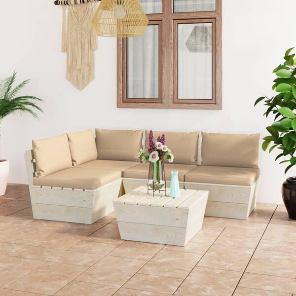 vidaXL Set Divani da Giardino su Pallet 5 pz con Cuscini Legno Abete