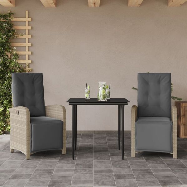 vidaXL Set da Bistrò 3 pz con Cuscini Grigio Chiaro in Polyrattan