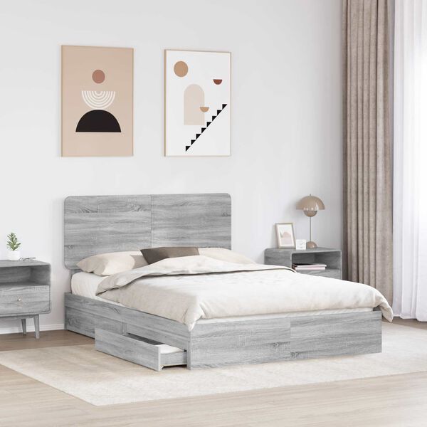 vidaXL Letto con Contenitore con testiera Grigio Sonoma 150 x 200 cm