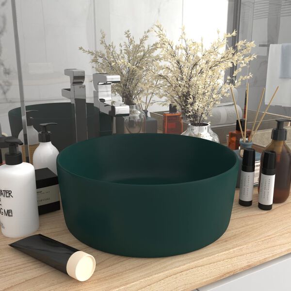 vidaXL Lavandino Lusso Rotondo Verde Scuro Opaco 40x15 cm in Ceramica