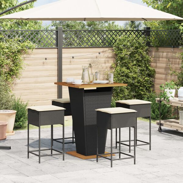 vidaXL Set Bar da Giardino 5 pz con Cuscini in Polyrattan Nero