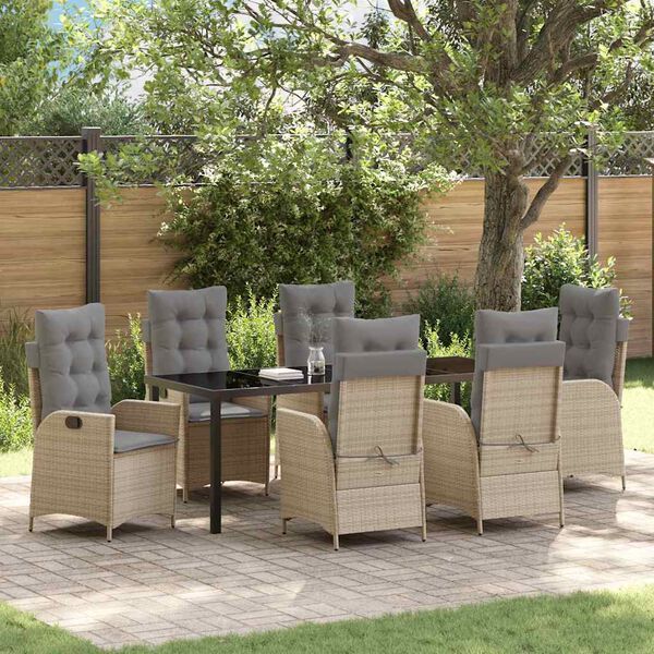vidaXL Set da Pranzo per Giardino con cuscino 7 pcs Beige polyrattan