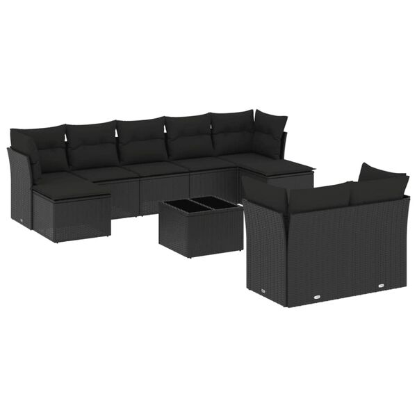 vidaXL Set Divani da Giardino 10pz con Cuscini in Polyrattan Nero