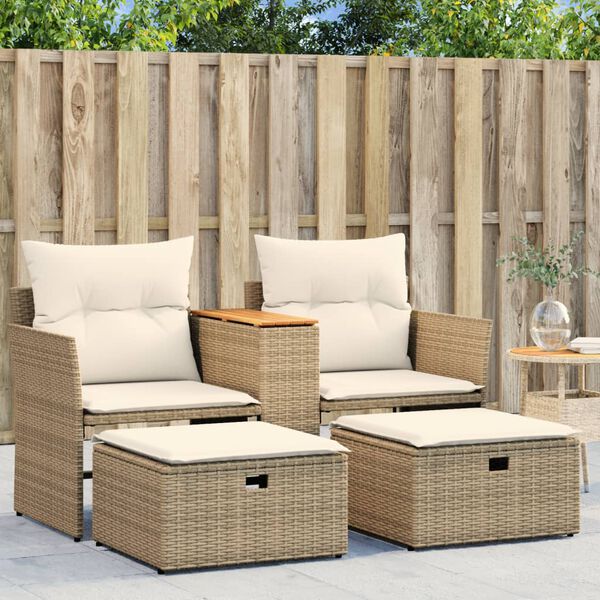 vidaXL Divano da Giardino 2 Posti con Sgabelli Beige in Polyrattan