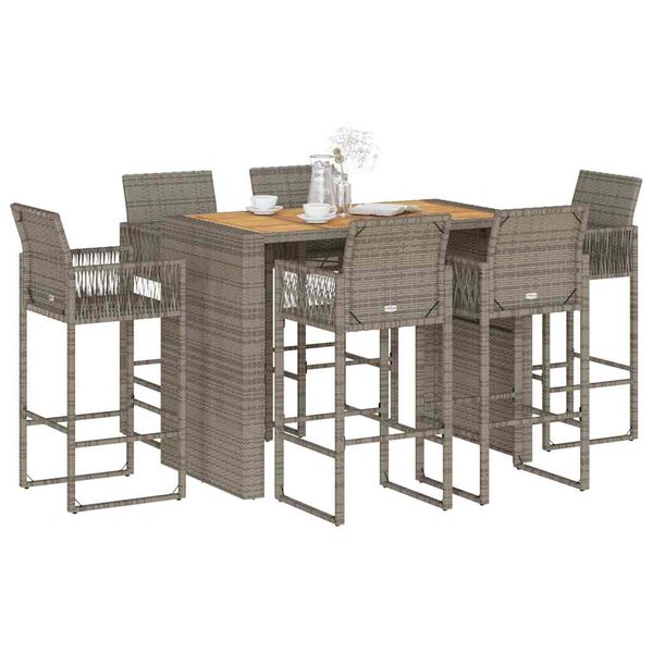 vidaXL Set Bar da Giardino 7pz senza Cuscini Grigio Polyrattan Acacia