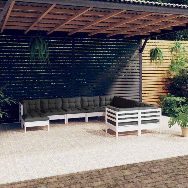 vidaXL Set Divani da Giardino 10 pz con Cuscini Legno di Pino Bianco