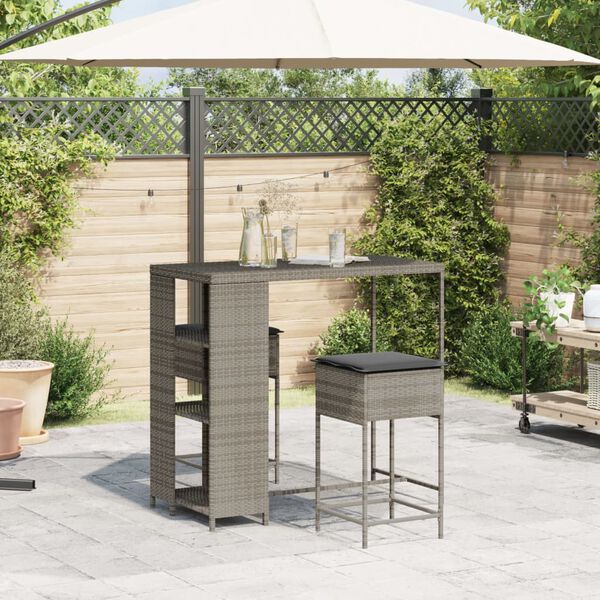 vidaXL Set Bar da Giardino 3pz con Cuscini Grigio in Polyrattan