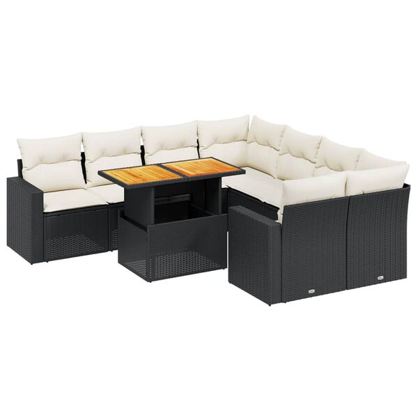 vidaXL Set Divani da Giardino 9 pz con Cuscini Nero in Polyrattan