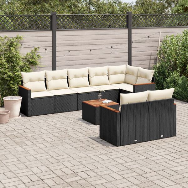 vidaXL Set Divani da Giardino 9 pz con Cuscini Nero in Polyrattan