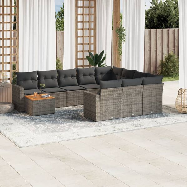vidaXL Set Divani da Giardino 11 pz con Cuscini in Polyrattan Grigio