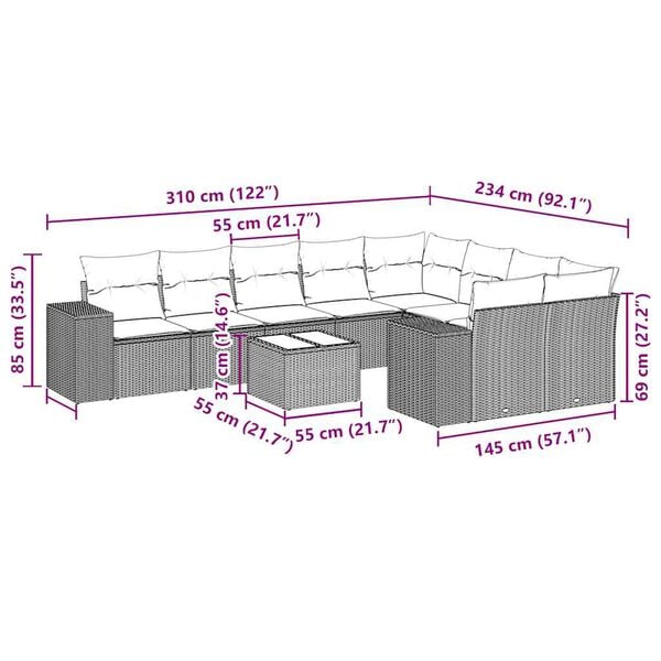vidaXL Set Divani da Giardino 10pz con Cuscini in Polyrattan Nero