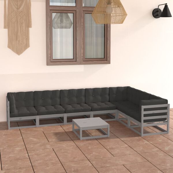 vidaXL Set Divani da Giardino 8 pz con Cuscini Grigio Massello di Pino