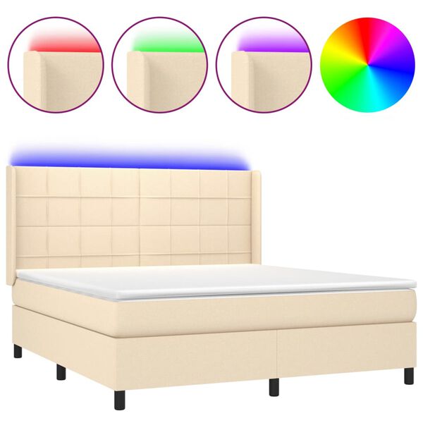 vidaXL Letto a Molle con Materasso e LED Crema 180x200 cm in Tessuto
