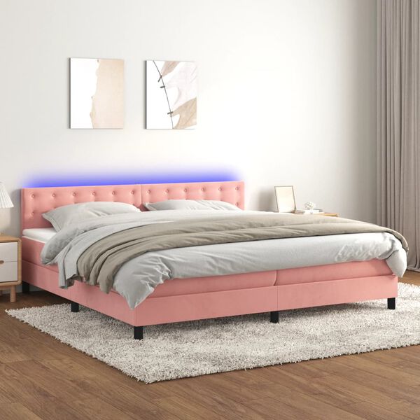 vidaXL Letto a Molle con Materasso e LED Rosa 200x200 cm in Velluto