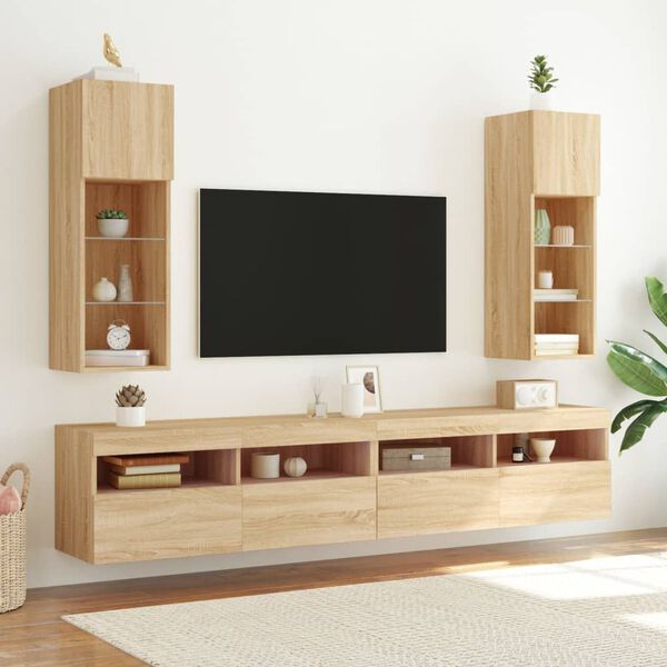 vidaXL Mobili Porta TV con Luci LED 2 pz Rovere Sonoma 30,5x30x90 cm