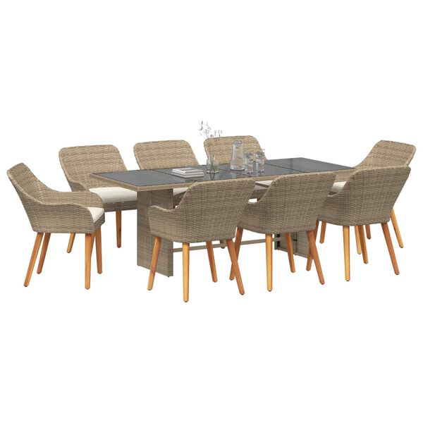vidaXL Set da Pranzo per Giardino con cuscino 9 pcs Beige polyrattan