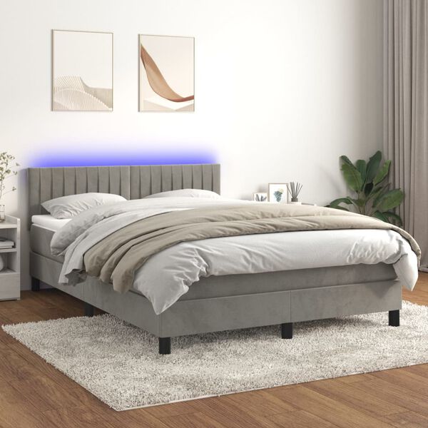 vidaXL Letto a Molle con Materasso e LED Grigio Chiaro 140x190 cm Velluto