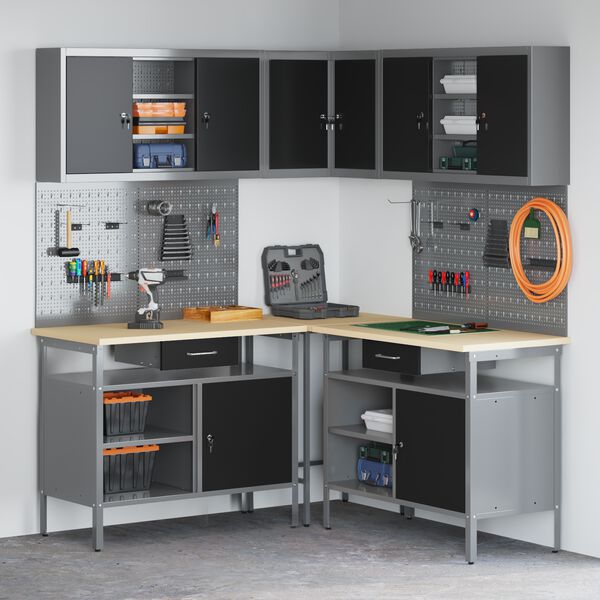 vidaXL Set di mobili da lavoro con cassetto 10 pcs Nero e Grigio