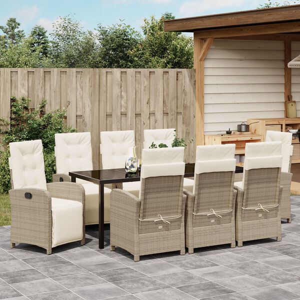 vidaXL Set da Pranzo per Giardino con cuscino 9 pcs Beige polyrattan