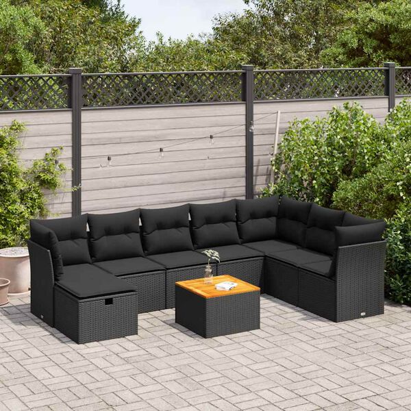 vidaXL Set Divani da Giardino 9 pz con Cuscini Nero in Polyrattan