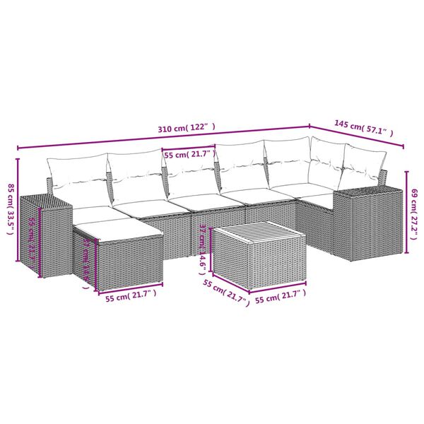 vidaXL Set Divano da Giardino 8 pz con Cuscini Grigio in Polyrattan